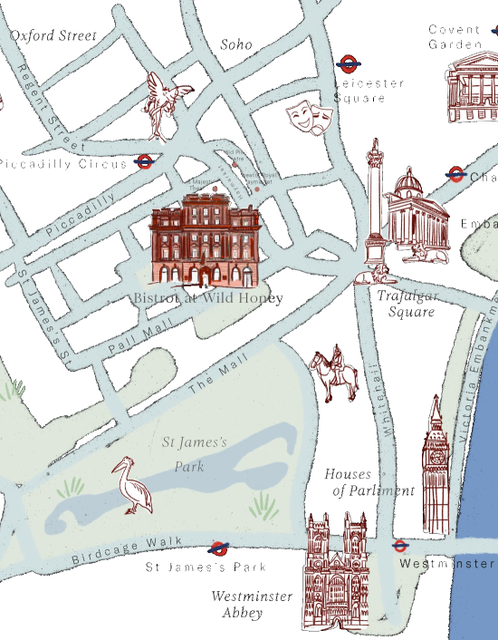 Illustrated map showing Bistrot at Wild Honey near St James’s Park and central London landmarks