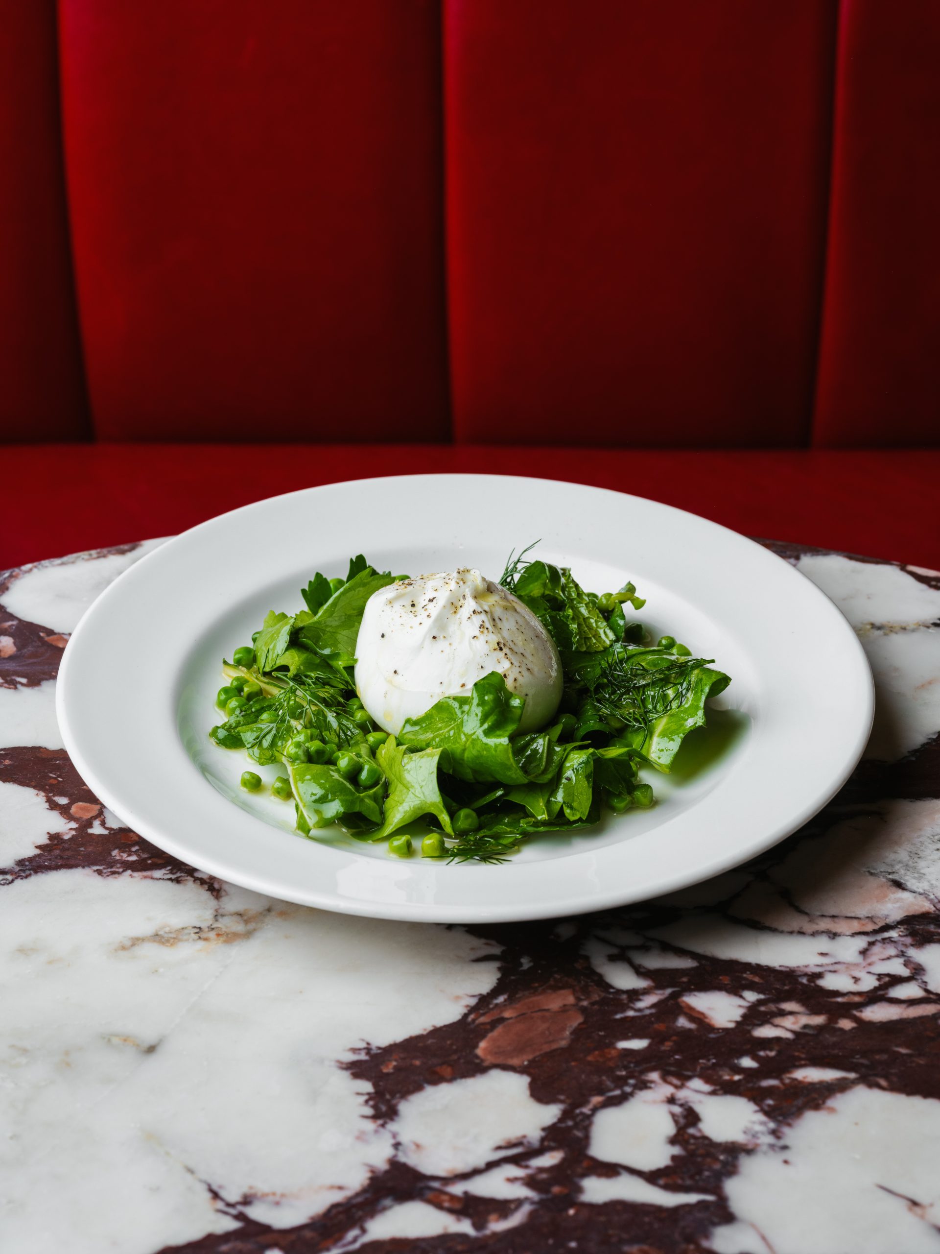 Whole burrata with spring peas, dill and dressed salad leaves on white plate against red leather banquette at Bistrot at Wild Honey London