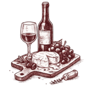 Vintage illustration of red wine, cheese and grapes on a wooden serving board
